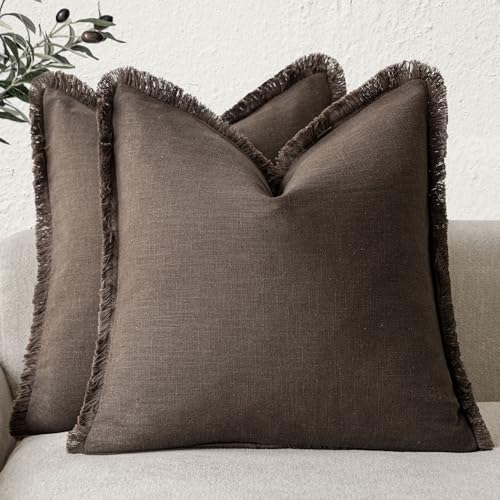Foindtower Set of 2 Decorative Linen Fringe Throw Pillow Covers Boho Farmhouse Cushion Cover with Tassels Soft Accent Pillowcase for Couch Sofa Bed Living Room Home Decor,18×18 Inch,Reddish Brown