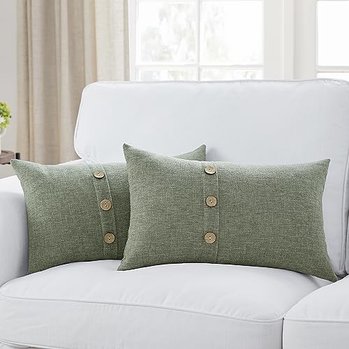 Meekio Set of 2 Dark Sage Square Pillow Covers 12 x 20 Farmhouse Boho Pillow Covers with Coconut Buttons for Sofa Couch Living Room Bedroom Farmhouse D??cor for The Home