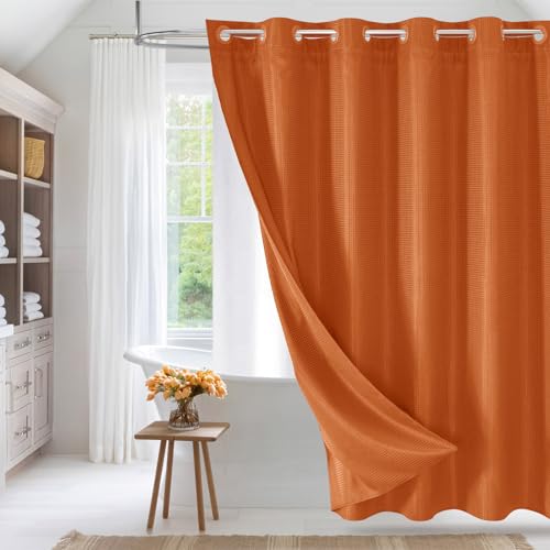 MitoVilla No Hooks Needed Orange Shower Curtain Liner Set, Modern Weave Heavy Duty Fabric Cloth Shower Curtain with Snap-in Liner for Luxury Neutral Hotel Spa Bathroom Decor