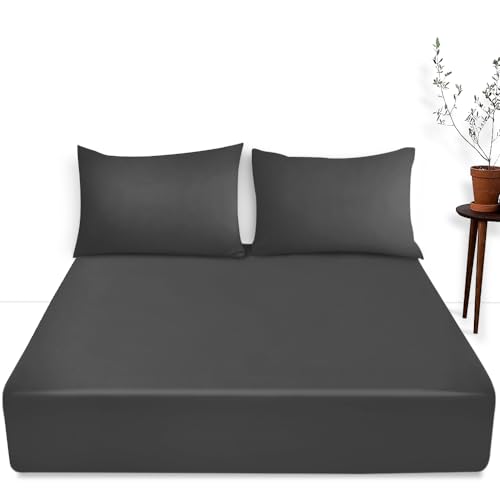 Luxury Bedding Fitted Sheet Double - Plain Dyed Charcoal Bed Sheet - Polycotton Deep Pockets Bedsheet 16 inch (40 cm) - Machine Washable