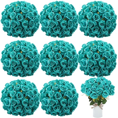 Hoteam 72 Heads Teal Artificial Flowers Turquoise Rose 6 Bouquet Wedding Decoration Faux Flower Arrangement Bouquet with Stem Bridal Shower Gift Floral Centerpiece for Tables