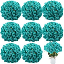 Hoteam 72 Heads Teal Artificial Flowers Turquoise Rose 6 Bouquet Wedding Decoration Faux Flower Arrangement Bouquet with Stem Bridal Shower Gift Floral Centerpiece for Tables