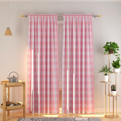 Set of 2 Panels 108 Inch Checked Window Curtain with Rod Loop Country Style Room Divider for Living Room Bedroom Sliding Glass Doors Pink White