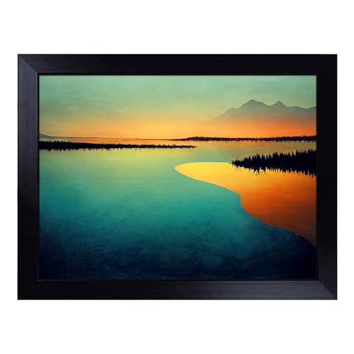 Lap Tray with Bean Bag Cushion, Modern Lake Mountains - Handmade in the UK, Raised Wooden Edge, Padded Cushion, Heat-Resistant Wipe-Clean Surface, for Meals, Laptops and Crafts