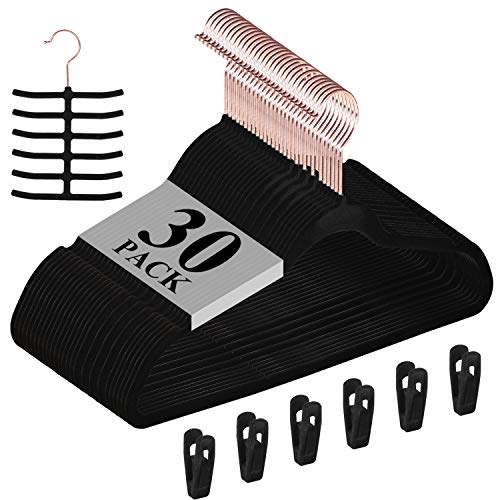 VECELO Premium Velvet Clothes Hangers Suit Heavy Duty (30 Pack)-Non Slip & Space-Saving with 6 Finger Clips & Tie Rack Excellent for Men and Women???Black