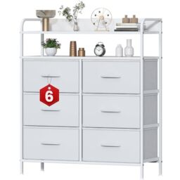 Feonase 6 Drawer Fabric Chest Of Drawers, Double Wooden Top Fabric Storage Tower - Sturdy Steel Frame Dresser for Bedroom/Living Room/Baby Room, Large Capacity Storage Organizer (White)