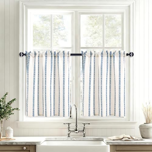 JIUZHEN Farmhouse Striped Linen Kitchen Curtains 2 Panels - Short Tier Drapes 36 Inch Length, Rod Pocket Rustic Window Treatment for Bathroom Living Room, Wheat Stripe Blue