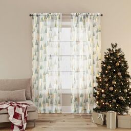 "No. 918 Balsam Christmas Tree Sheer Rod Pocket Curtain Panel, 37"" x 63"", Pine Green"