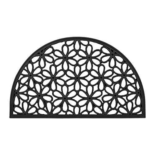 Relaxdays Semicircular Flower Pattern Doormat, 45 x 75 cm, Door Mat Inside & Outside, Non-Slip Bottom, Shoe Wiper, Black