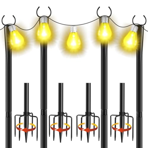 Cymuber 4 Pack 10Ft String Light Poles, Metal Poles with Fork for Outside Lights,Outdoor Metal Light Stand with Fence Brackets Hanging Lights for Garden Patio Wedding Backyard Deck Party