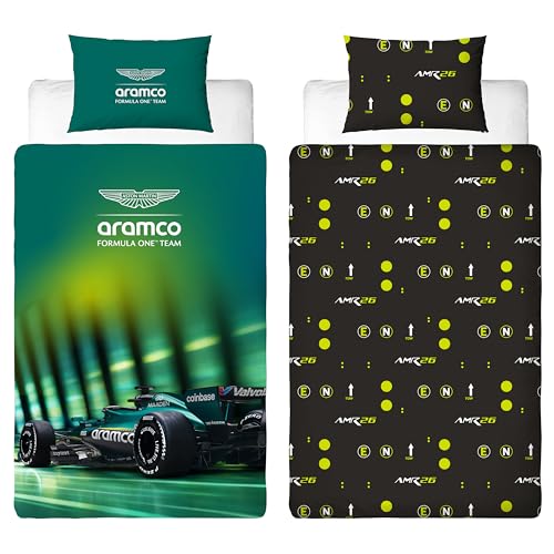 Aston Martin Officially Licensed F1 Single Duvet Cover Set - Wings Design Reversible 2 Sided Bedding Including Matching Pillow Case - Perfect For Kids Bedroom - Polycotton