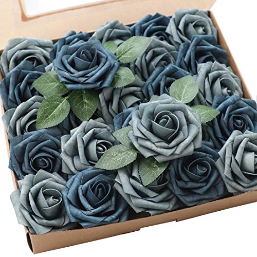 Floroom Dusty Blue Real Looking Foam Artificial Flowers with Stems for DIY Wedding Bouquets Centerpieces Bridal Shower Floral Arrangements Party Tables