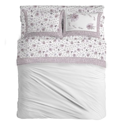 PENSIERI DELICATI Double Bed Set, Flannel, 100% Warm and Soft Cotton, Double 180 x 200 cm, Includes Bottom Sheet, Top and 2 Pillowcases, Made in Italy, 8284 Pink Square