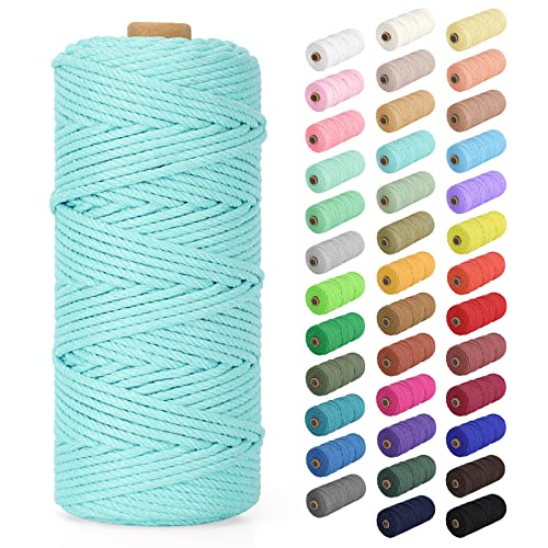 Macrame Cord 3mm x 109Yards (328Feet), Natural Cotton Macrame Rope - 4 Strands Twisted Macrame Cotton Cord for Wall Hanging, Plant Hangers, Crafts, Gift Wrapping and Wedding Decorations, Light Blue
