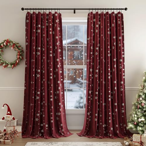 Beauoop Christmas Red Velvet Curtains 84 Inches Long 2 Panels for Bedroom Living Room Silver Snowflake Holiday Decor Burgundy Thermal Insulated Room Darkening Rod Pocket Window Treatments Drapes 52X84