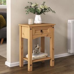 Corona Console Table with 1 Drawer Hall Table Mexican Solid Pine Wood Wax Finish Black Metal Hardware