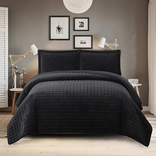 Royal Hotel Bedding Plush Velvet King/CalKing Quilt Set, Black, 3pc (Coverlet, Pillow Shams), 110x96 Inches, Luxury Fantasy, Solid