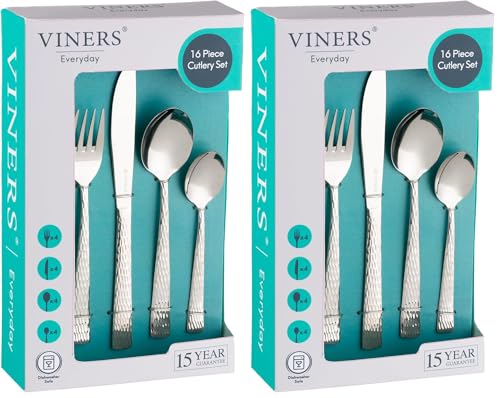 Viners Everyday Glisten Cutlery Set -18/0 Stainless Steel - 16 Pieces - Serves 4 - Hammered, Square Edge Handles - Mirror Polish (Pack of 2)