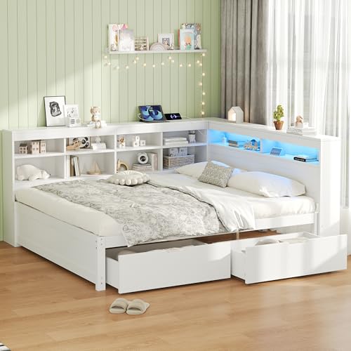 FAVSH 4ft6 Double Daybed,Corner Sofa Bed with 2 Storage Drawers and Beside Storage,Wood Day Bed W/Headboard & Charging Station,for Apartment,Guest Room,Living Room,White(No Mattress)