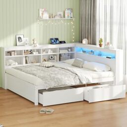 FAVSH 4ft6 Double Daybed,Corner Sofa Bed with 2 Storage Drawers and Beside Storage,Wood Day Bed W/Headboard & Charging Station,for Apartment,Guest Room,Living Room,White(No Mattress)