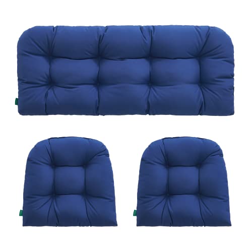 YOOZEKU Outdoor/Indoor All Weather Tufted Wicker Chair Seat Cushions of 3 Pieces, 1 Loveseat and 2 U-Shape Waterproof Cushions for Patio Furniture, Wicker Loveseat, Bench-Navy Blue