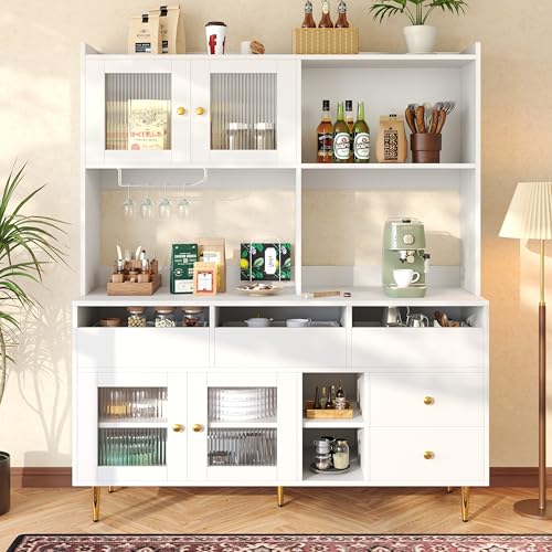 Ball & Cast Modern Kitchen Storage Cabinet with Changhong Glass Door, Wine Rack & Multi-Layer Storage – Stylish Sideboard for Kitchen, Dining Room, or Pantry – White with Gold Decoration