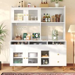 Ball & Cast Modern Kitchen Storage Cabinet with Changhong Glass Door, Wine Rack & Multi-Layer Storage – Stylish Sideboard for Kitchen, Dining Room, or Pantry – White with Gold Decoration