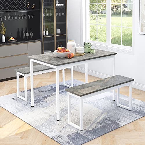 Ball & Cast 4-Person Dining Table Set with 2 Benches, Space-Saving Wood Dinette Set for Kitchen/Patio, 114cmL Industrial Style Small Dining Table & Stool Seating, Breakfast Nook Set, Grey+White