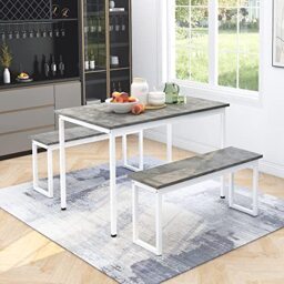 Ball & Cast 4-Person Dining Table Set with 2 Benches, Space-Saving Wood Dinette Set for Kitchen/Patio, 114cmL Industrial Style Small Dining Table & Stool Seating, Breakfast Nook Set, Grey+White