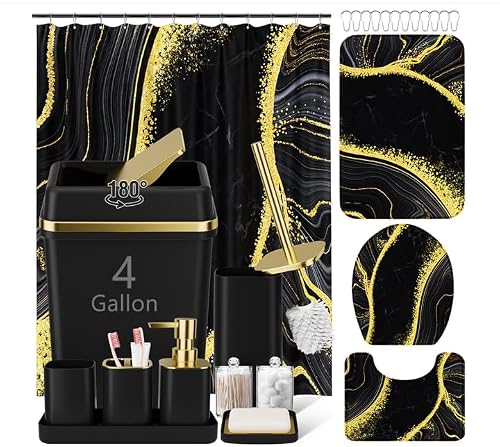 25PCS Bathroom Accessory Set, Black Bathroom Set with Large-Capacity 4 Gallon Trash Can,Bathroom Rugs Set, Waterproof Shower Curtain, Toilet Brush, Toothbrush Holder & Soap Dispenser