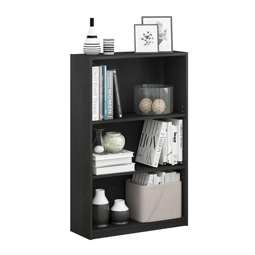 Furinno JAYA Book Shelf, 3-Tier Bookshelf, Bookcase with Adjustable Shelves, 9.5 x 24.5 x 40.3, for Living Room, Bedroom, Home Office, Blackwood