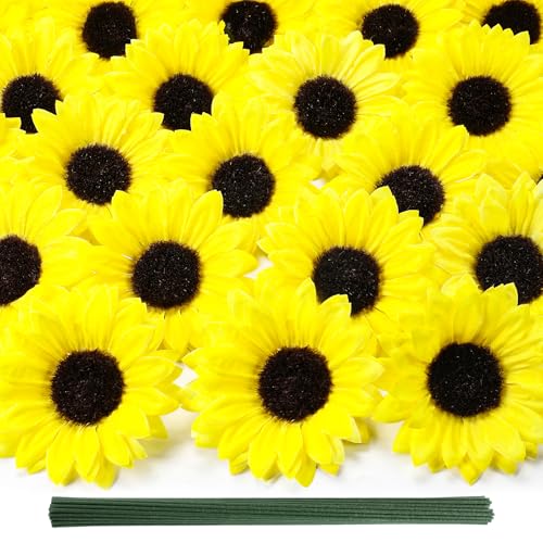 "Coferset 40pcs Fake Sunflower Heads with Stems, 4"" Sunflower Artificial Silk Flower Heads for Crafts, Sunflower Decorations for Birthday Party Baby Shower Wedding Bathroom Home Decor(Lemon Yellow)"