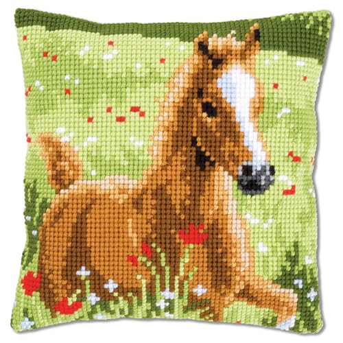 Vervaco Cross Stitch Cushion with Foal, Outlined Cross Stitch Kit Cushion Vorbeze Nice, Cotton, multicoloured, 40 x 40 x 0.3 cm