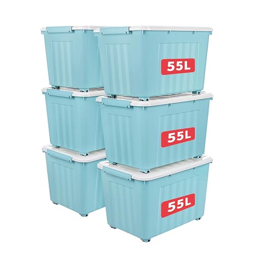 Cetomo 55L*6 Storage Boxes with Lids, Plastic Storage Box with Wheels and Secure Side Latches, Stackable & Nestable Organizer for Home, Office, Moving, PP, Blue, 55L-6 Pack