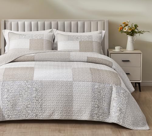 Chezmoi Collection Quinn 2-Piece Neutral Taupe Gray White Floral Hibiscus Flower Candy Stripe Patchwork Quilt Set - Pre-Washed Cotton Coverlet - Lightweight Reversible Bedspread, Twin Size