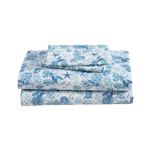 "Beatrice Home Fashions Coastal Print Microfiber Sheet Set, Soft, Comfy, 12"" Deep Pockets, Twin, Nautical Turtles"