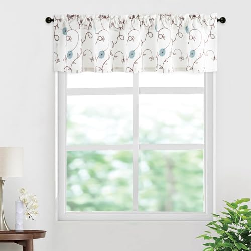 VOGOL Blue Floral Embroidered Kitchen Valances, Elegant Country Style Curtains Valance for Bathroom, 1 Panel Linen Look Rod Pocket Drapes for Home Office, 60Wx14L