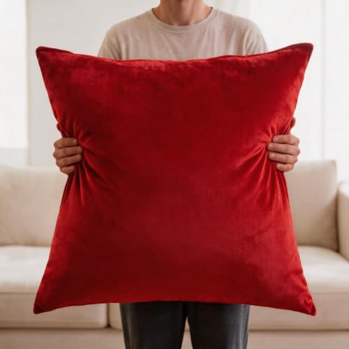 MARAGARBE Big Size 28x28 Inches Throw Pillow Cases Cozy Soft Velvet Square Decorative Pillow Covers for Farmhouse Home Decor(RED)