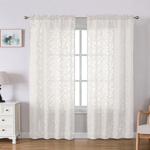 "Lecloud Leia Ivory Sheer Curtains 78 Inches Long 2 Panels, Privacy Airy Voile Jacquard Leaf Textured Curtains, Dual Rod Pockets Farmhouse Drapes for Living Room Bedroom Dining Room, 42"" W x 78"" L"