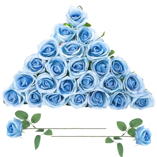 Ovveroche 24 Pcs Sky Blue Rose Artificial Flowers with Long Stem Real Touch Silk Roses Bulk for Wedding, Party, Table Centerpieces Bouquet, Bridal, Home Decor