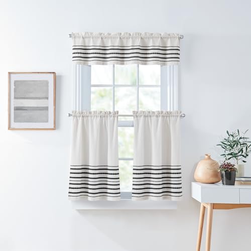 Curtainworks Kitchen Curtains Tier and Valance Set 3-Piece, Light Filtering, Global Woven Striped, 28W x 36L Tier Pair, 56W x 14L Valance, White Navy Stripe