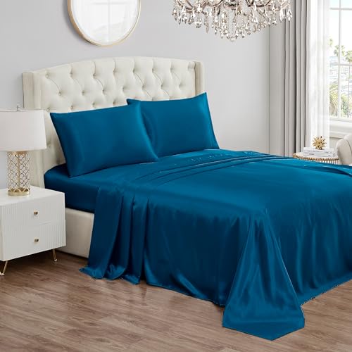 Juicy Couture Twin XL Size Satin Bed Sheet Set, Deep Pocket Silky Twin XL Sheet Set with 1 Fitted Sheet, 1 Flat Sheet, 1 Pillow Case, Wrinkle Resistant and Anti Pilling Bed Sheets - Blue