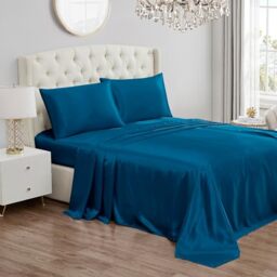 Juicy Couture Twin XL Size Satin Bed Sheet Set, Deep Pocket Silky Twin XL Sheet Set with 1 Fitted Sheet, 1 Flat Sheet, 1 Pillow Case, Wrinkle Resistant and Anti Pilling Bed Sheets - Blue