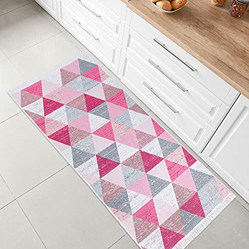 Jimri Fashion4Home Rug Runner - Rug for Living Room, Bedroom, Kitchen, Children's Room, Bathroom - Boho Kilim - Runner Hallway, Checked Light Pink, Size: 60 x 90 cm