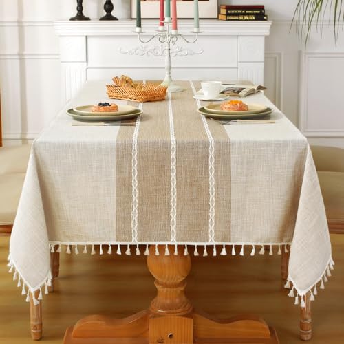 Laolitou Rustic Tablecloth Cotton Linen Waterproof Tablecloths Burlap Table Cloths for Kitchen Dining,Party,Holiday,Christmas,Buffet Coffee Lines Square,55''x55'',4Seats