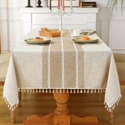 Laolitou Rustic Tablecloth Cotton Linen Waterproof Tablecloths Burlap Table Cloths for Kitchen Dining,Party,Holiday,Christmas,Buffet Coffee Lines Square,55''x55'',4Seats