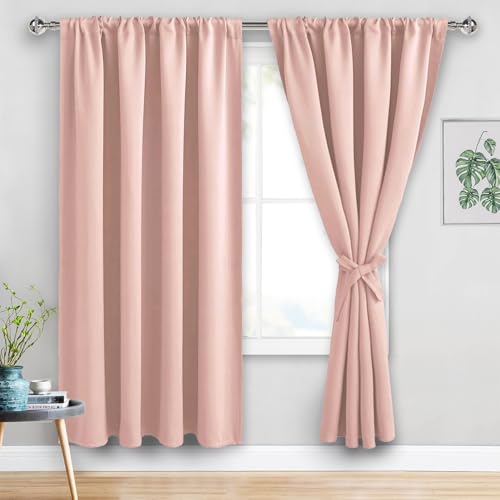 JIUZHEN Blackout Curtains for Bedroom - Thermal Insulated Room Darkening Rod Pocket Curtains for Living Room, Set of 2 Panels with Tiebacks, 60 x 72 Inch Length, Blush Pink