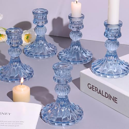"DARJEN 12PCS Blue Candlestick Holders Set- 4"" H Taper Candle Holders, Glass Candle Holders Bulk for Wedding, Party, Home Table Centerpieces, Festival Gifts & Windowsill Decor"