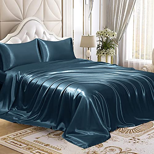 Homiest King Deep Sea Blue Deep Pocket Satin Sheets, 4-Piece - 15-Inch Deep Pocket Design, Silky Soft for Hair And Skin, Wrinkle And Fade Resistant, Machine Washable, Glossy Finish