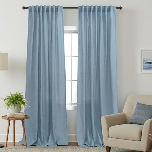 KOUFALL 108 Inches Long Stone Grey Blue Sheer Curtains for Living Room 2 Panels Set Easy Hang Install with Hooks Back Tab Hole Pocket Luxury Linen Drapery